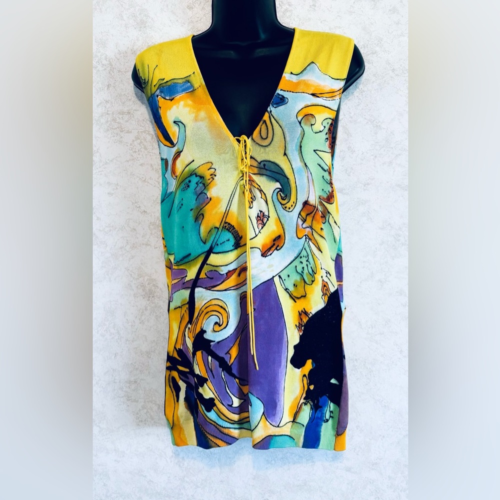 Mechant Sleeveless Pull Over Sweater Yellow Abstract Art Women's Small Front Tie